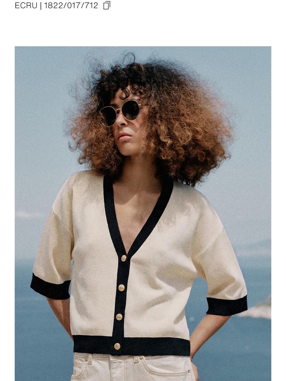 Zara Ecru Short Sleeve Cardigan with Black Trim